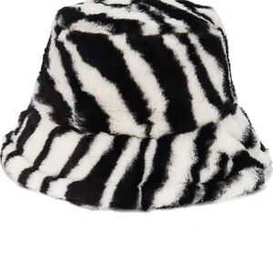 Zebra Print Faux Fur Bucket Hat Unisex One Size Winter Cozy
